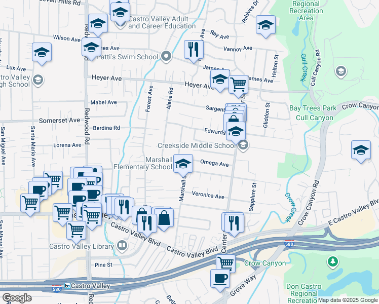 map of restaurants, bars, coffee shops, grocery stores, and more near 4255 Circle Avenue in Castro Valley