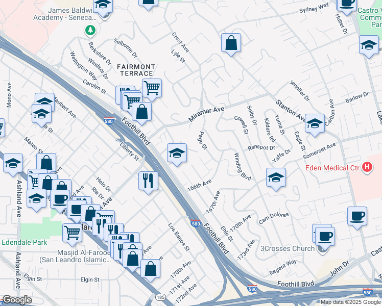map of restaurants, bars, coffee shops, grocery stores, and more near 2104 Miramonte Avenue in San Leandro