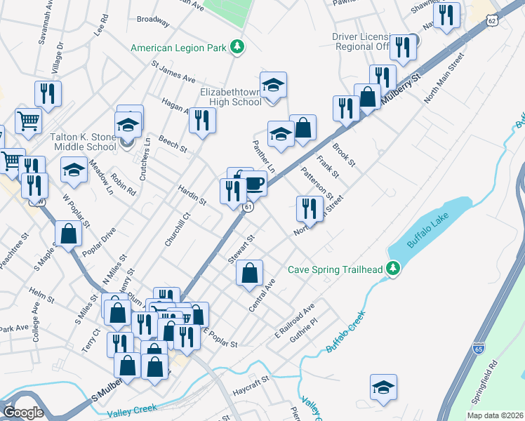map of restaurants, bars, coffee shops, grocery stores, and more near 113 West Williams Street in Elizabethtown