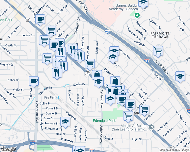 map of restaurants, bars, coffee shops, grocery stores, and more near 15974 East 14th Street in San Leandro