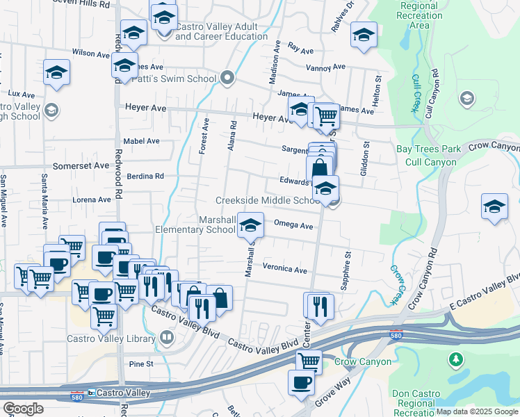 map of restaurants, bars, coffee shops, grocery stores, and more near 4255 Circle Avenue in Castro Valley