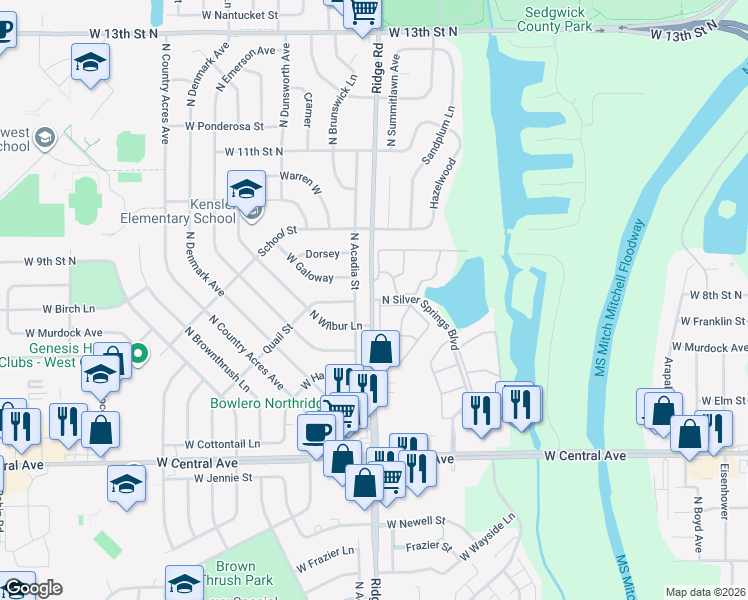 map of restaurants, bars, coffee shops, grocery stores, and more near 901 North Ridge Road in Wichita