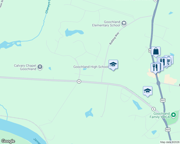 map of restaurants, bars, coffee shops, grocery stores, and more near 3266 Bayberry Lane in Goochland