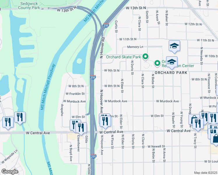 map of restaurants, bars, coffee shops, grocery stores, and more near 825 N Flora St in Wichita