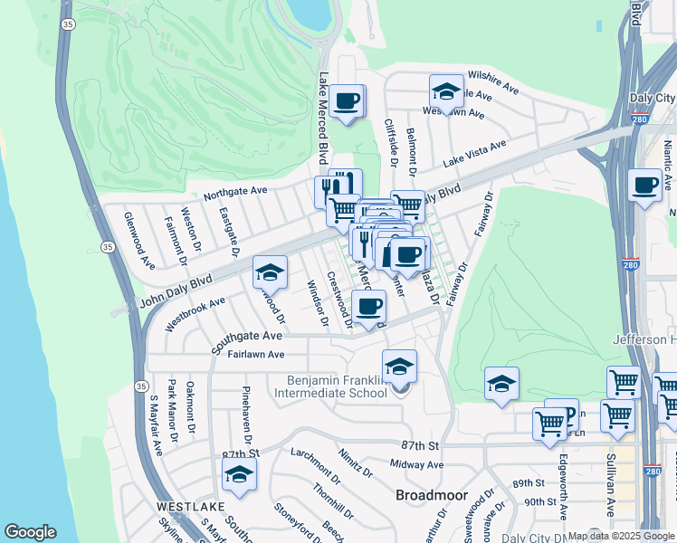 map of restaurants, bars, coffee shops, grocery stores, and more near 61 Crestwood Drive in Daly City