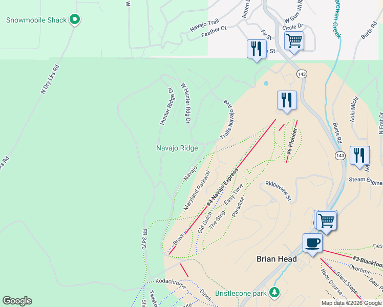 map of restaurants, bars, coffee shops, grocery stores, and more near Trails At Navajo in Brian Head