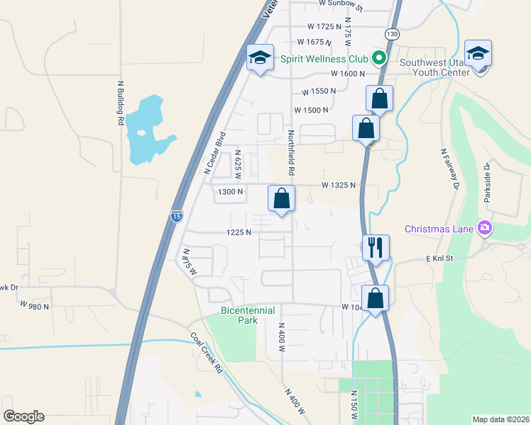 map of restaurants, bars, coffee shops, grocery stores, and more near 498 1225 North in Cedar City