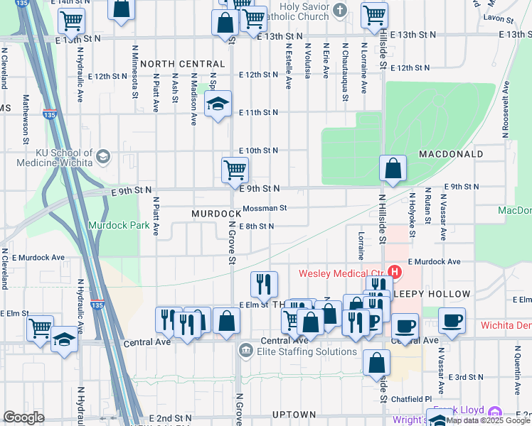 map of restaurants, bars, coffee shops, grocery stores, and more near 2526 East 8th Street North in Wichita