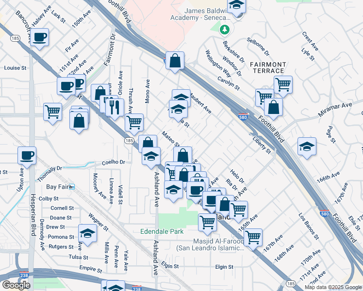 map of restaurants, bars, coffee shops, grocery stores, and more near 16040 Mateo Street in San Leandro