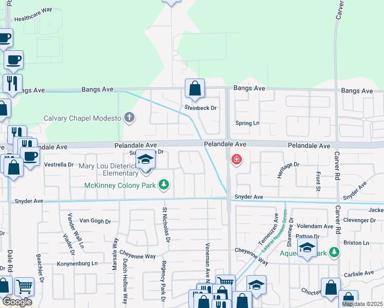 map of restaurants, bars, coffee shops, grocery stores, and more near 4120 Laurant Court in Modesto