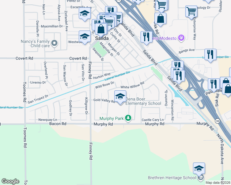 map of restaurants, bars, coffee shops, grocery stores, and more near 4221 Legacy Court in Salida