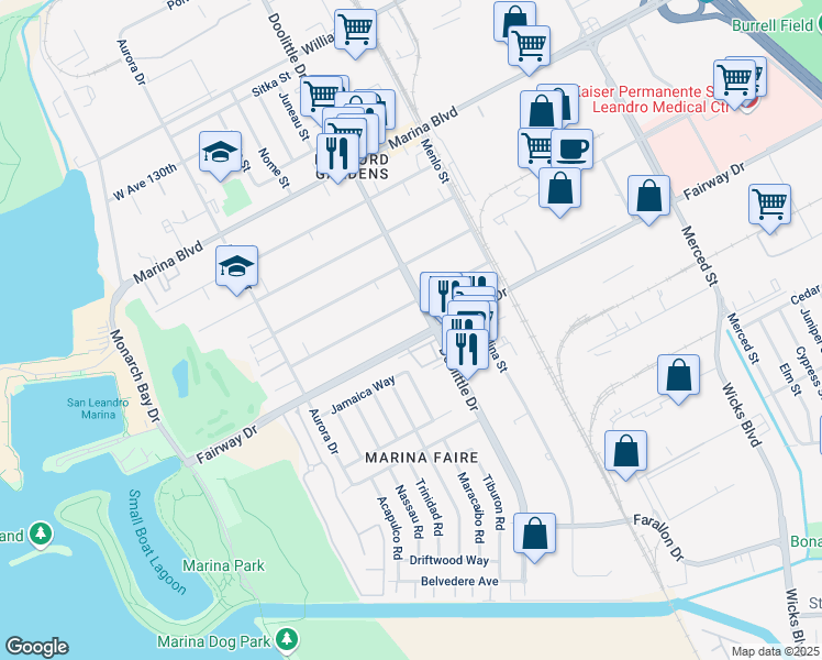 map of restaurants, bars, coffee shops, grocery stores, and more near 2233 Fairway Drive in San Leandro