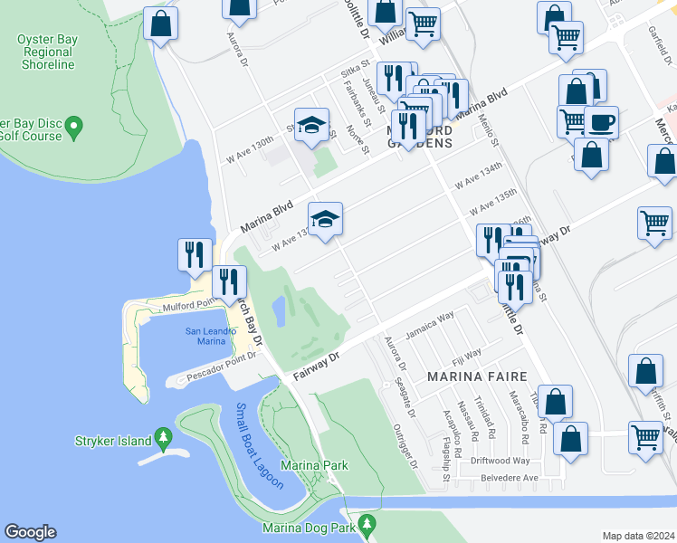 map of restaurants, bars, coffee shops, grocery stores, and more near 13461 Aurora Drive in San Leandro
