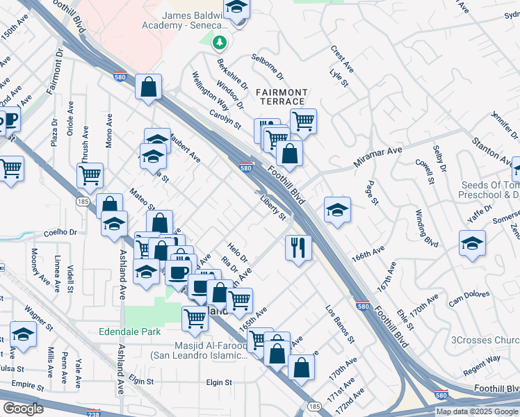 map of restaurants, bars, coffee shops, grocery stores, and more near 1706 163rd Avenue in San Leandro