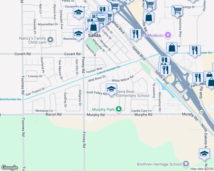 map of restaurants, bars, coffee shops, grocery stores, and more near 4221 Legacy Court in Salida