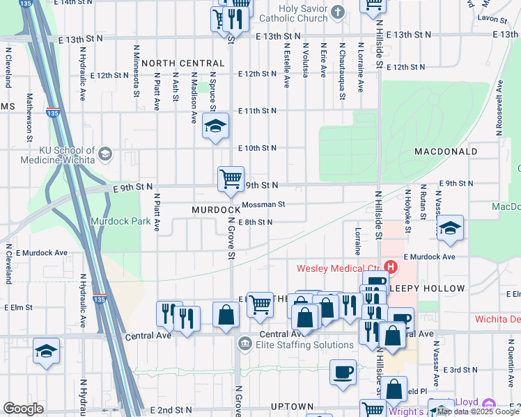 map of restaurants, bars, coffee shops, grocery stores, and more near 2531 Mossman Street in Wichita