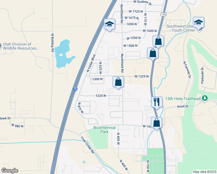 map of restaurants, bars, coffee shops, grocery stores, and more near 1254 North 575 West in Cedar City