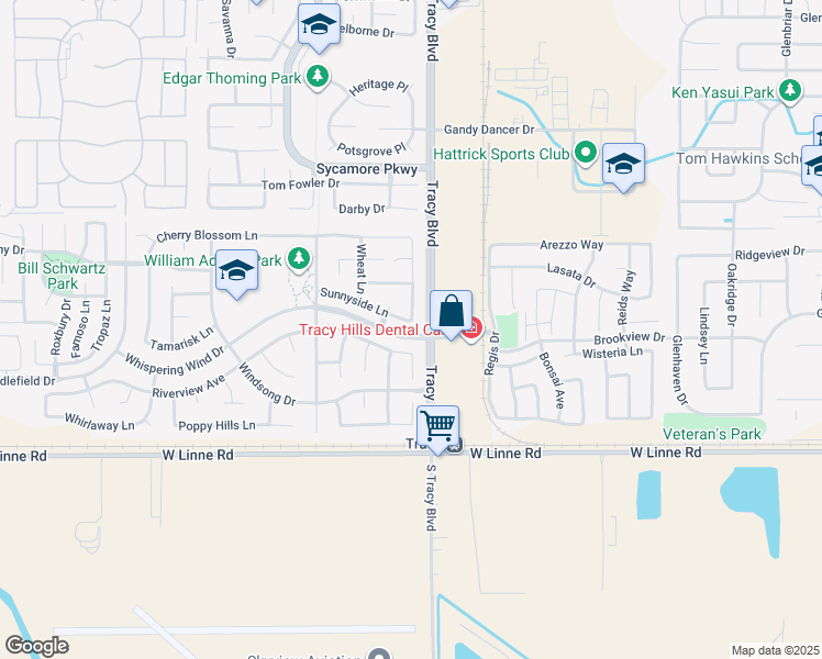 map of restaurants, bars, coffee shops, grocery stores, and more near 637 Sagewood Lane in Tracy