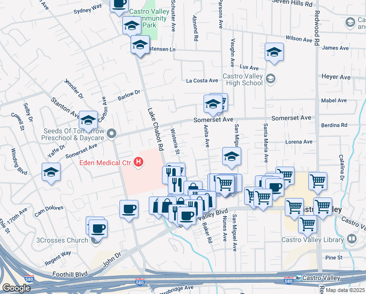 map of restaurants, bars, coffee shops, grocery stores, and more near 19989 Wisteria Street in Castro Valley