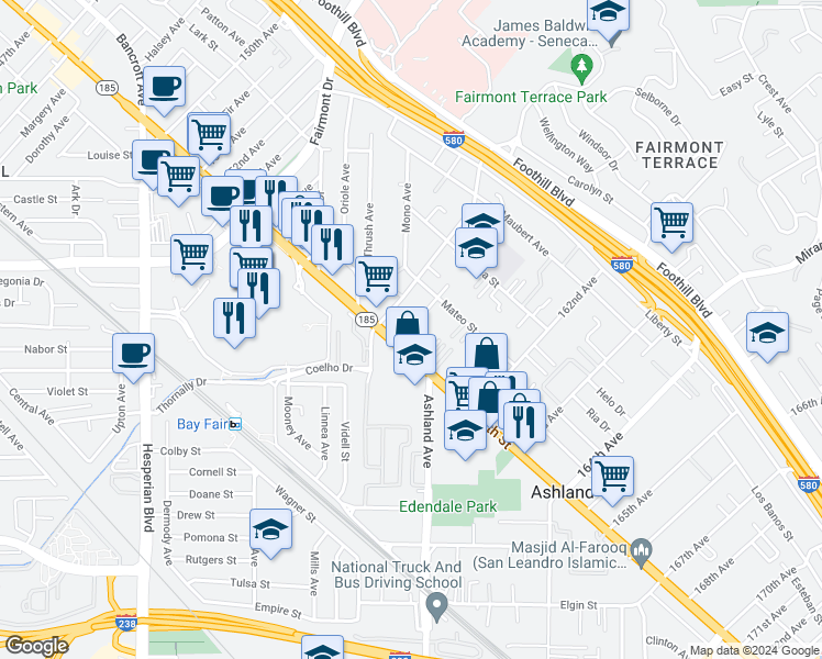 map of restaurants, bars, coffee shops, grocery stores, and more near 15974 East 14th Street in San Leandro