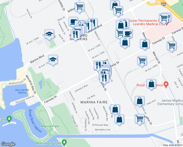 map of restaurants, bars, coffee shops, grocery stores, and more near 2255 Fairway Drive in San Leandro