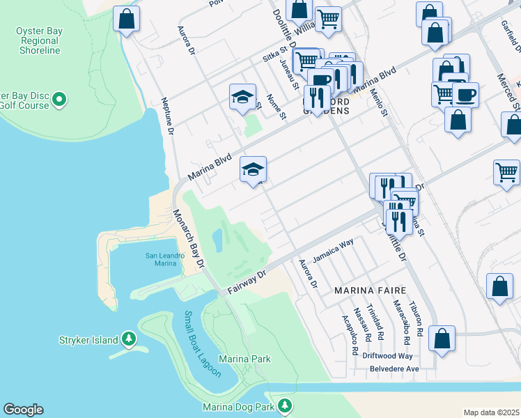 map of restaurants, bars, coffee shops, grocery stores, and more near 13461 Aurora Drive in San Leandro