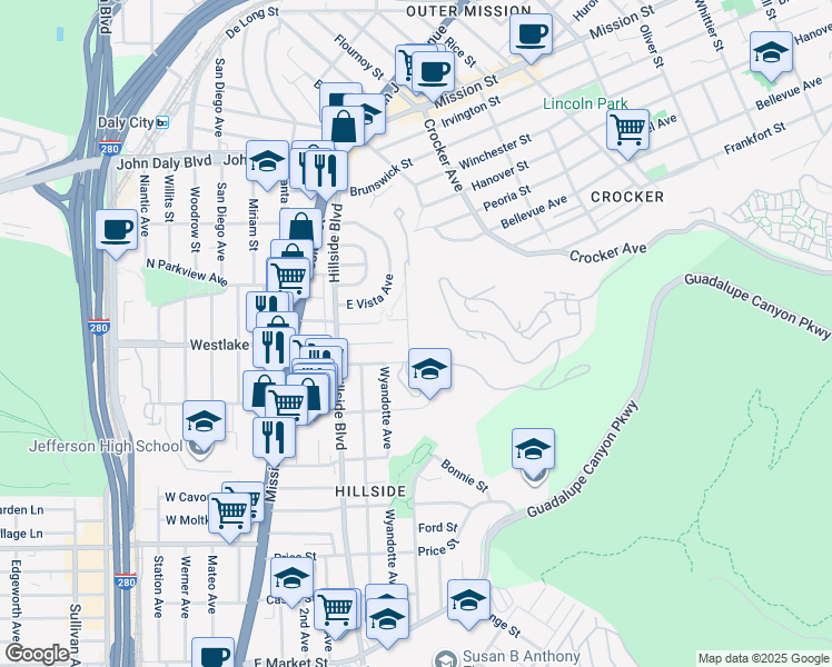 map of restaurants, bars, coffee shops, grocery stores, and more near 85 Lausanne Avenue in Daly City