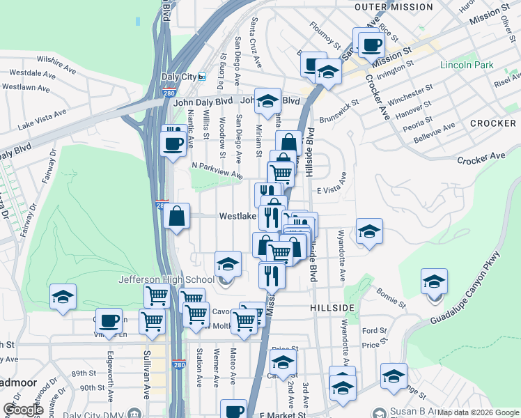 map of restaurants, bars, coffee shops, grocery stores, and more near 598 San Diego Avenue in Daly City