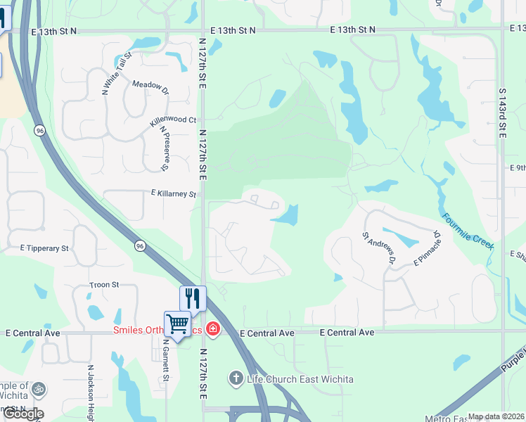 map of restaurants, bars, coffee shops, grocery stores, and more near 25 East Via Roma Street in Wichita