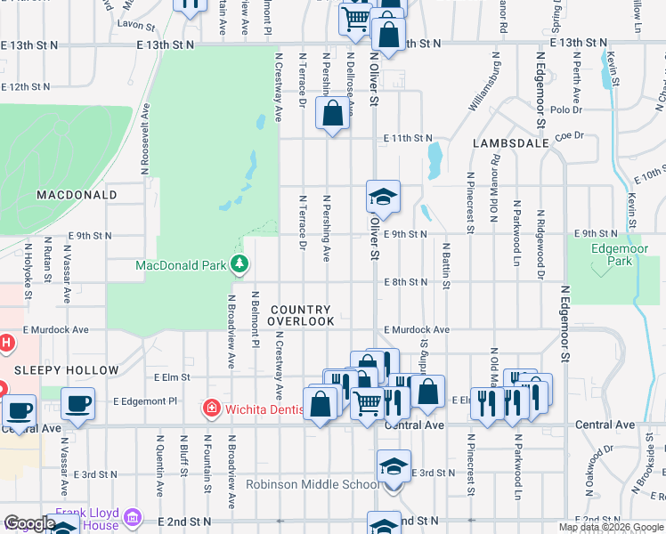 map of restaurants, bars, coffee shops, grocery stores, and more near 4633 East 8th Street North in Wichita