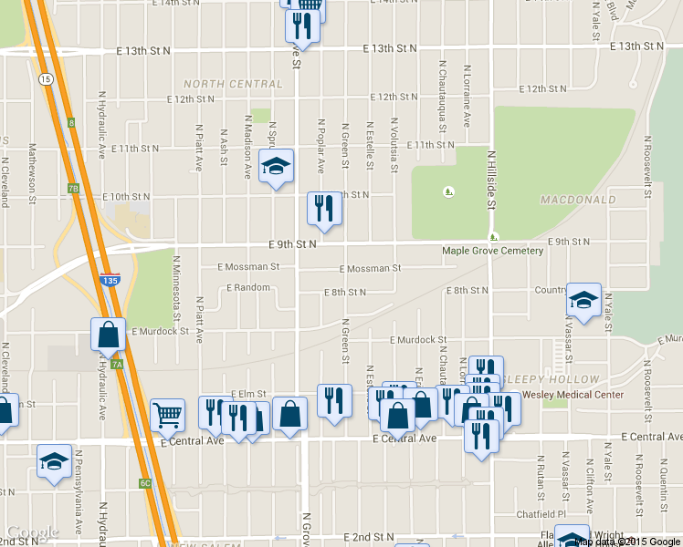 map of restaurants, bars, coffee shops, grocery stores, and more near 2526 East 8th Street North in Wichita