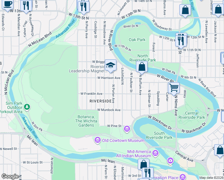 map of restaurants, bars, coffee shops, grocery stores, and more near 1516 Franklin Street in Wichita