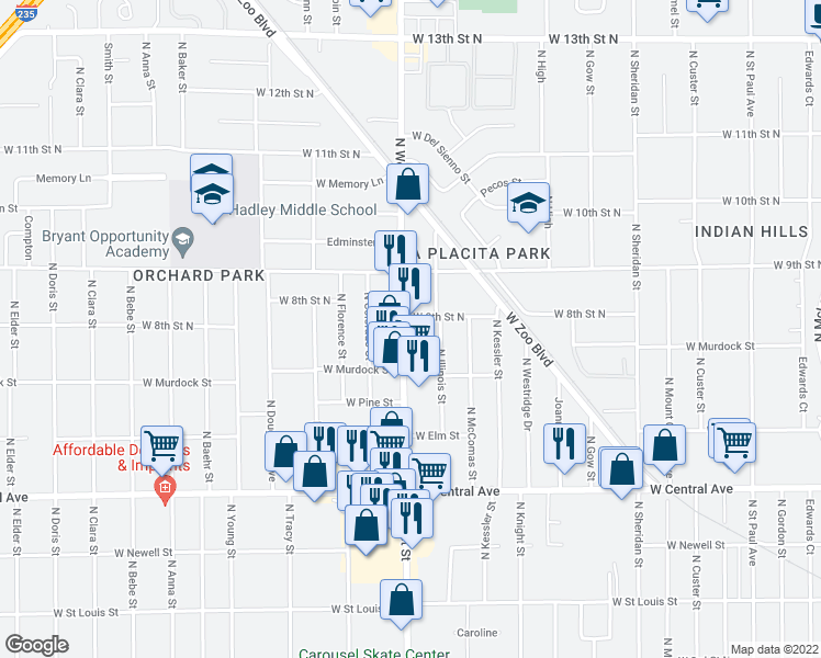 map of restaurants, bars, coffee shops, grocery stores, and more near 808 North West Street in Wichita