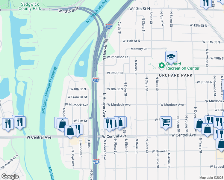 map of restaurants, bars, coffee shops, grocery stores, and more near 825 N Flora St in Wichita