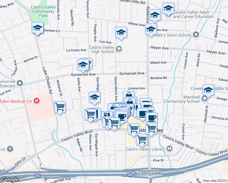 map of restaurants, bars, coffee shops, grocery stores, and more near 19991 Santa Maria Avenue in Castro Valley