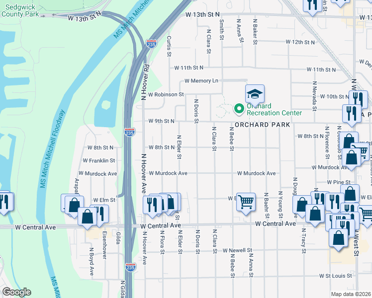 map of restaurants, bars, coffee shops, grocery stores, and more near 5221 West 8th Street North in Wichita