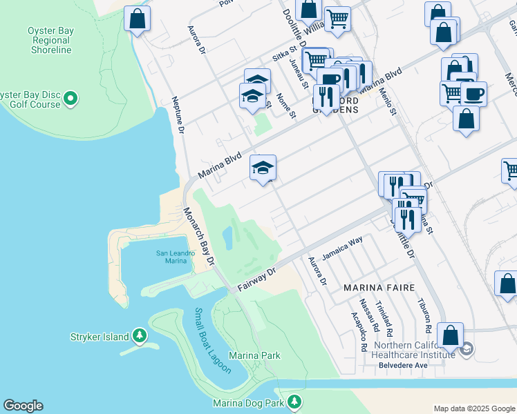 map of restaurants, bars, coffee shops, grocery stores, and more near 2600 West Avenue 134th in San Leandro