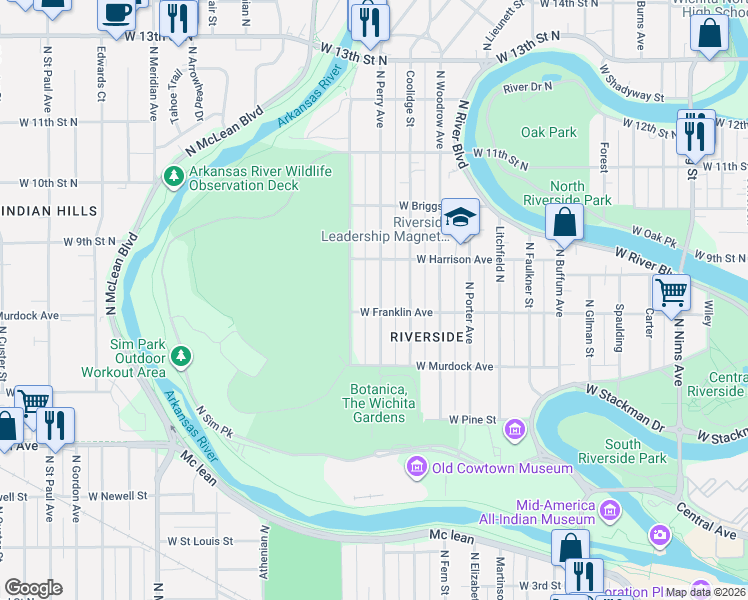 map of restaurants, bars, coffee shops, grocery stores, and more near 1900 Franklin Street in Wichita