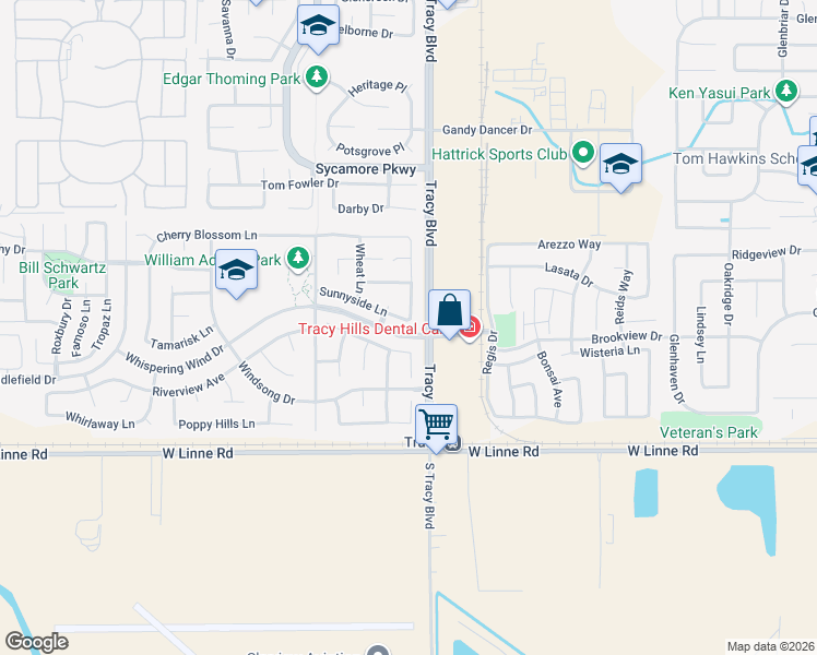 map of restaurants, bars, coffee shops, grocery stores, and more near 637 Sagewood Lane in Tracy
