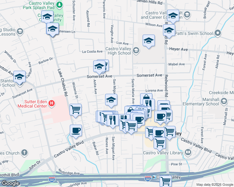 map of restaurants, bars, coffee shops, grocery stores, and more near 20023 Leroy Drive in Castro Valley