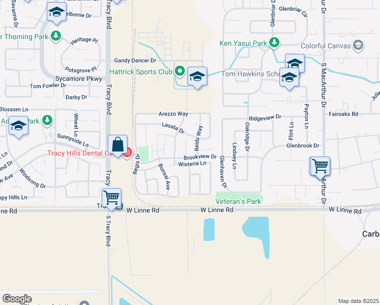 map of restaurants, bars, coffee shops, grocery stores, and more near 4352 Mulberry Court in Tracy