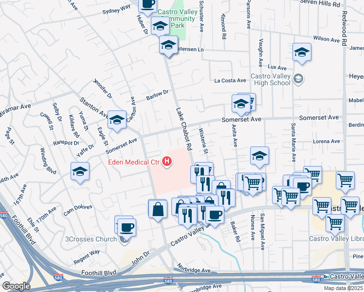 map of restaurants, bars, coffee shops, grocery stores, and more near 19845 Lake Chabot Road in Castro Valley