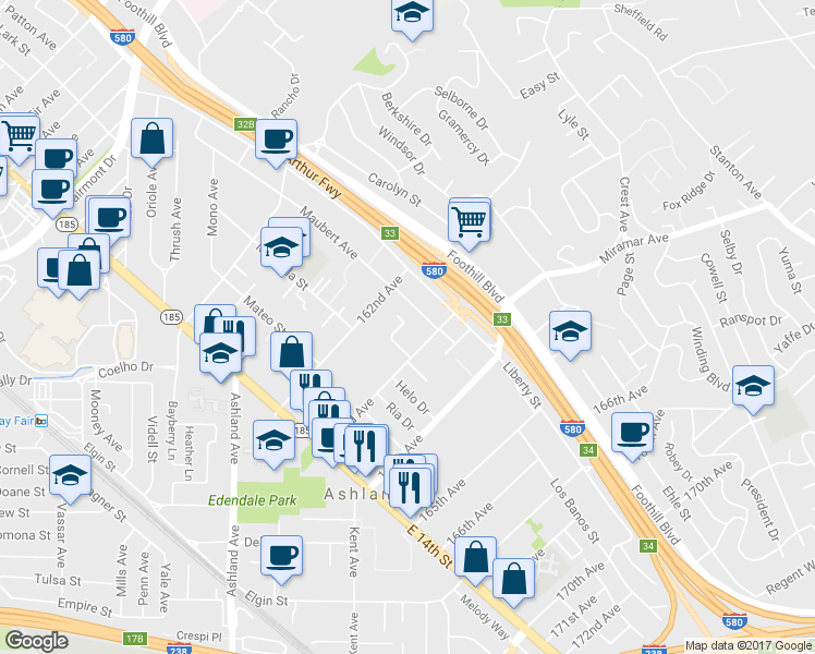 map of restaurants, bars, coffee shops, grocery stores, and more near 16230 Calypso Court in San Leandro