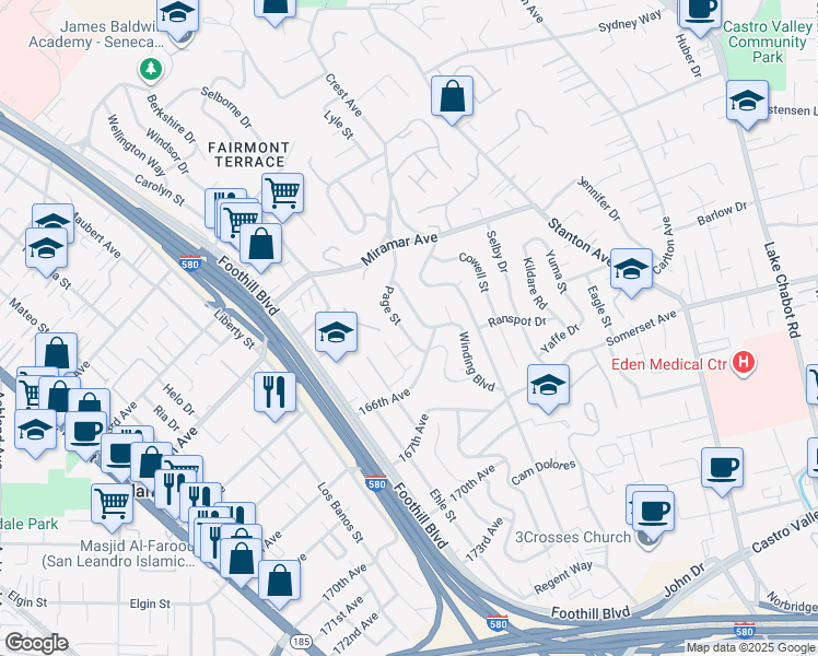 map of restaurants, bars, coffee shops, grocery stores, and more near 16526 Page Street in San Leandro