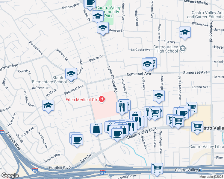 map of restaurants, bars, coffee shops, grocery stores, and more near 19837 Lake Chabot Road in Castro Valley