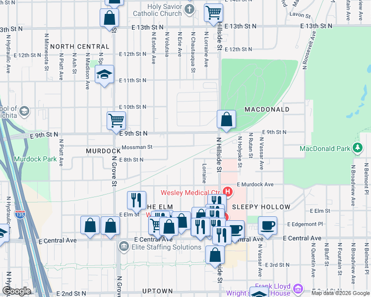 map of restaurants, bars, coffee shops, grocery stores, and more near 2911 East Mossman Avenue in Wichita
