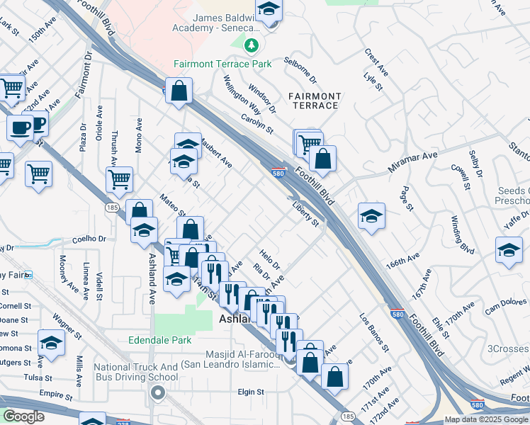 map of restaurants, bars, coffee shops, grocery stores, and more near 16230 Calypso Court in San Leandro