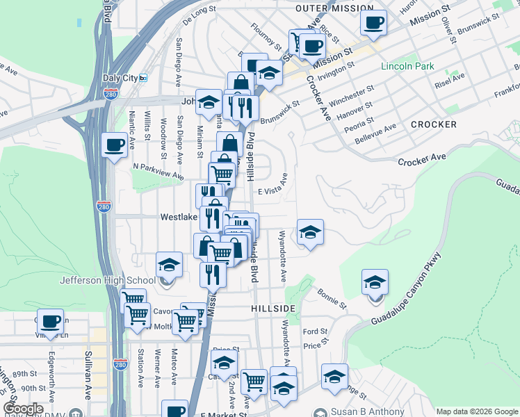 map of restaurants, bars, coffee shops, grocery stores, and more near 18 Garwood Drive in Daly City