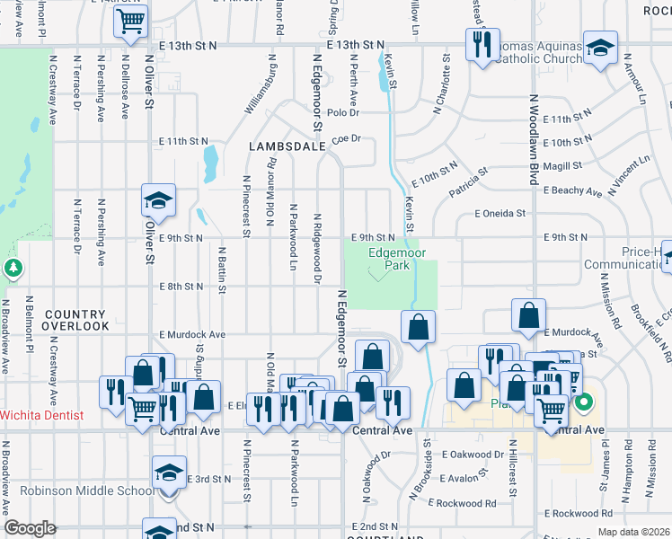 map of restaurants, bars, coffee shops, grocery stores, and more near 909 North Edgemoor Street in Wichita