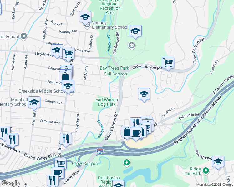 map of restaurants, bars, coffee shops, grocery stores, and more near 4800 Crow Canyon Road in Castro Valley